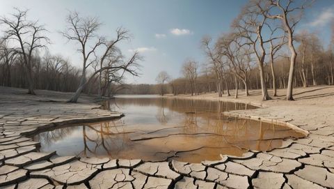 Cracked earth lakeshore with reflected bare trees in drought