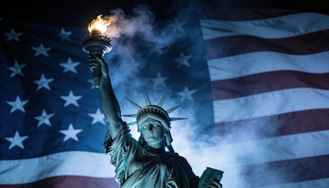 Statue of liberty holding torch at night with blazing flame, smoke and waving american flag