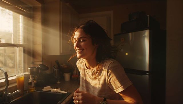 Sunlit morning smile: woman leaning over kitchen sink enjoying warm golden light