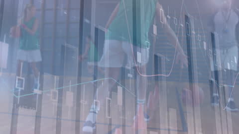 Basketball Players with Futuristic Data Overlays in Gym