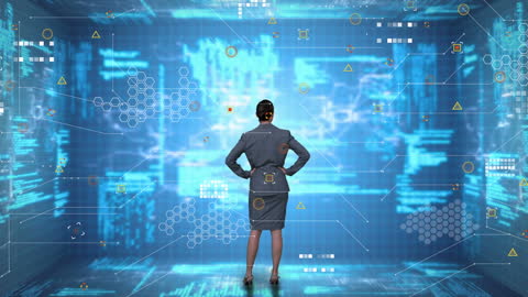 Businesswoman Analyzing Futuristic Data on Digital Interface