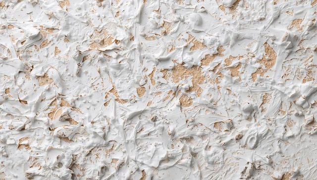 Peeling plaster revealing white topcoat and brown substrate, heavy weathered texture
