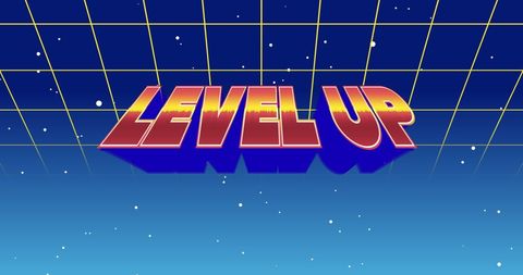 Retro Gaming Level Up Graphic with Space Grid