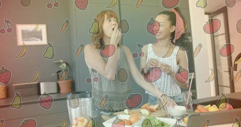 Friends tasting fresh fruit preparing smoothies on kitchen island with playful fruit overlay