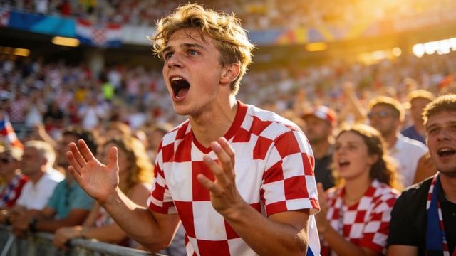 Young male soccer fan shouting and raising hands in red-and-white checkered jersey