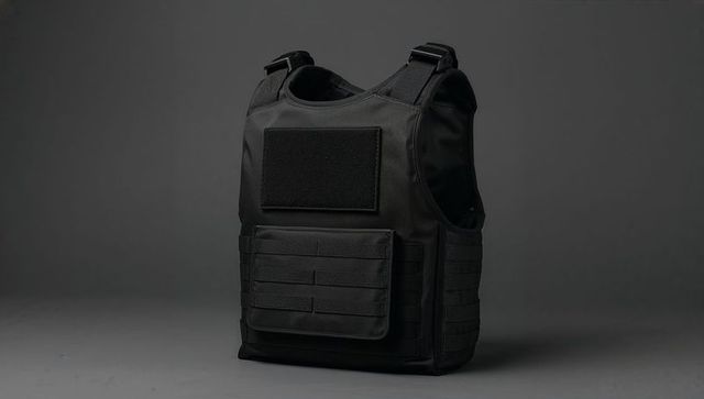 Black tactical vest with molle webbing on grey background