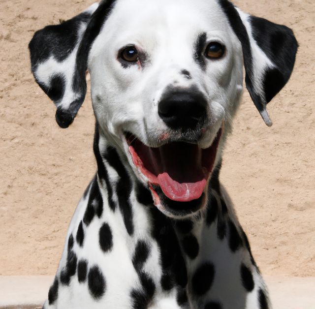 Close up of cute black and white dalmatian dog on beige background. Nature, animals and dog concept.