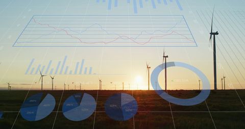 Financial Data Overlay on Wind Turbines and Sunset