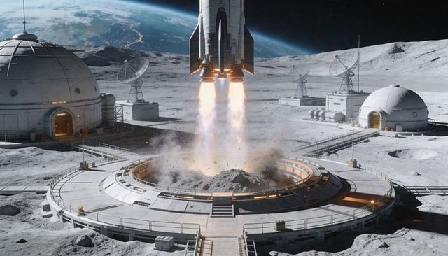 Lunar Base Rocket Launch Igniting Thrusters Over Circular Moon Launchpad With Earthrise