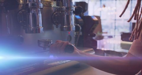 Barista Skillfully Operating Espresso Machine in Modern Cafe Environment