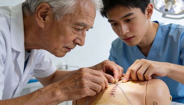 Senior surgeon mentoring young trainee performing suturing on mannequin in skills lab