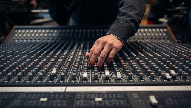 Adjusting studio mixing console fader by sound engineer hand in recording control room live
