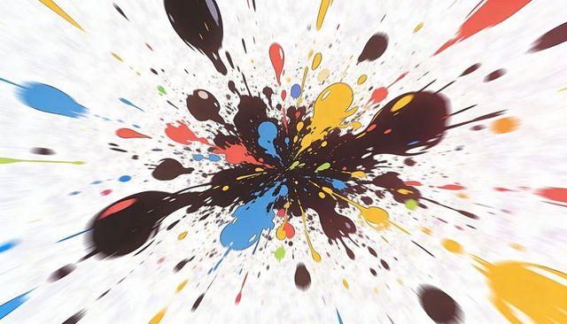 Explosive paint burst radiating dark central splash with vibrant blue and yellow droplets