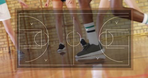 Basketball Strategy Overlay with Players Practicing on Court