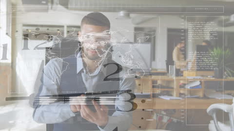 Innovative Businessman Using Smartphone with Data Overlay