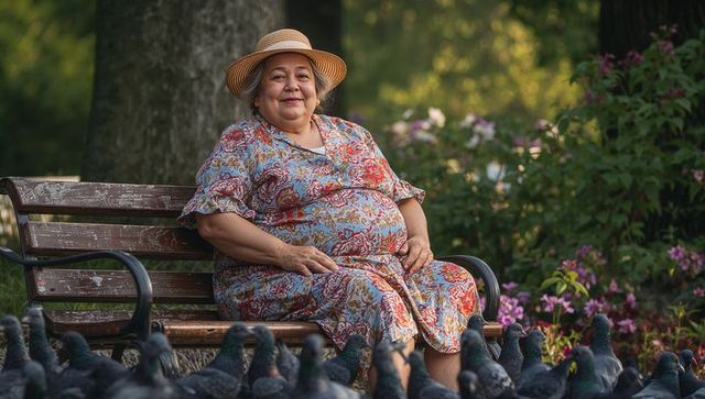 Senior woman relaxing on park bench feeding pigeons during golden hour in floral dress