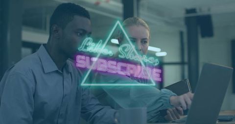 Professionals Analyzing Data on Laptop with Neon Social Media Graphics