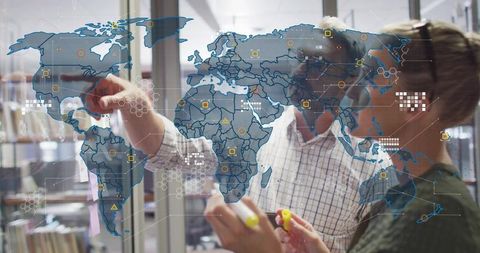 Global strategy collaboration on glass board with digital map overlay and data visualization