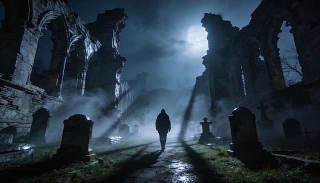 Hooded figure walking moonlit ruined cemetery under full moon with fog and gothic arches