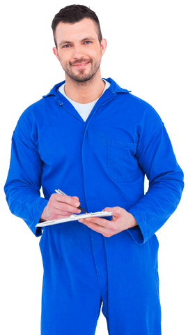 male mechanic in blue coveralls writing on transparent clipboard - Download Free Stock Videos Pikwizard.com