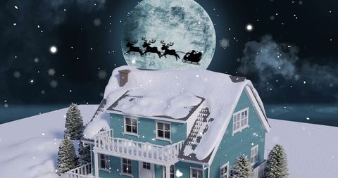 Festive Santa Sleigh Flying Over Snowy House on Christmas Eve
