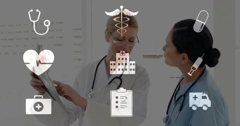Doctor pointing at x-ray while consulting nurse, team reviewing diagnostics with icons
