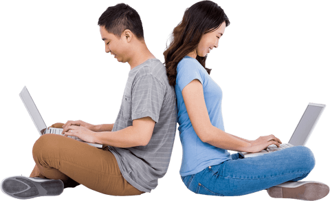 Transparent Young Couple Using Laptops Sitting Back to Back - Download Free Stock Videos Pikwizard.com