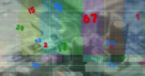 Colorful numbers overlaying network grid with computer server