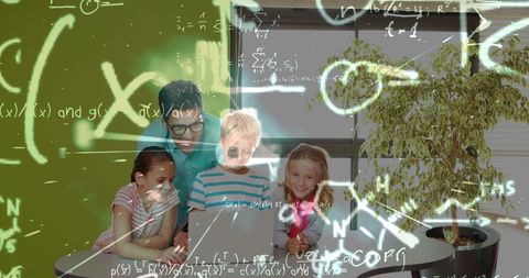 Happy Students Learning with Technology and Math Formulas Overlay - Download Free Stock Images Pikwizard.com