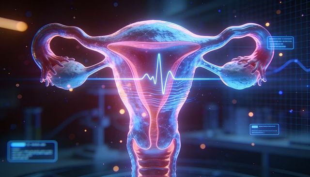 Holographic uterus with pulsing ekg overlay neon gynecology visual for medical technology