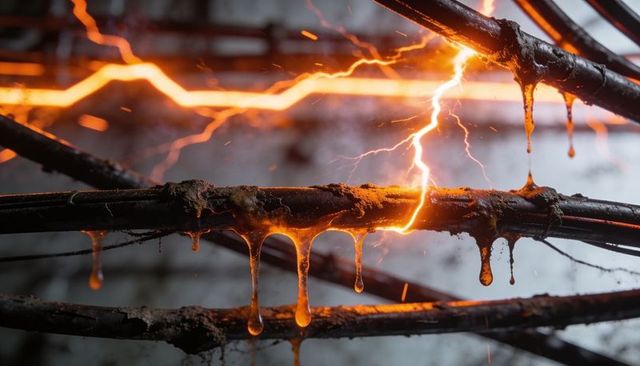 Molten Resin Dripping from Corroded Power Cables with Orange Electrical Arcs and Sparks