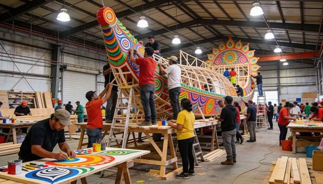 Crafting giant colorful parade float warehouse workshop team assembling decorative panels