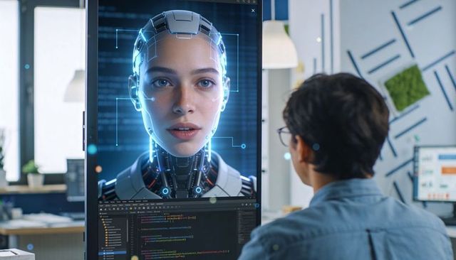 Developer interacting with realistic humanoid ai avatar on vertical monitor