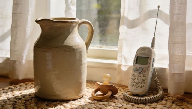 Sunlit country windowsill with ceramic jug, wooden pacifier and vintage cordless handset