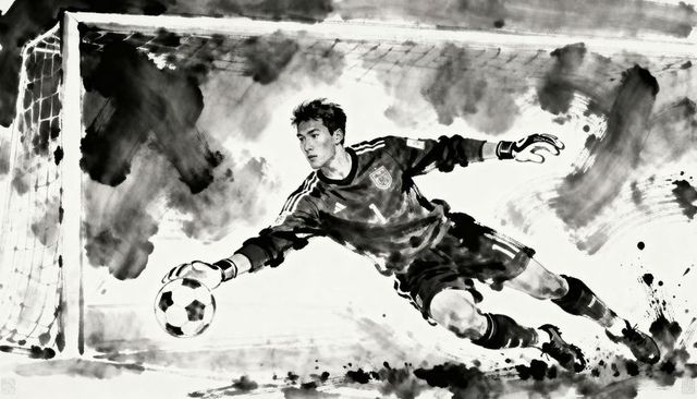 Diving soccer goalkeeper reaching for ball in dramatic monochrome ink watercolor action