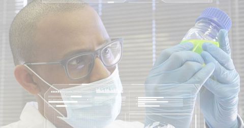 Laboratory technician examining fluorescent liquid in vial with digital data overlay