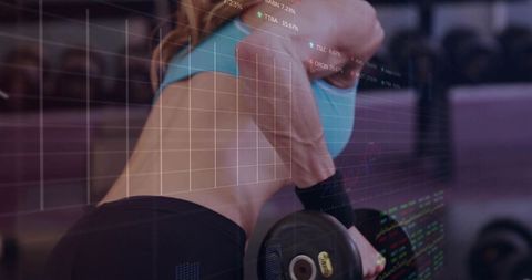 Female athlete lifting dumbbell with augmented reality data overlay for strength and focus