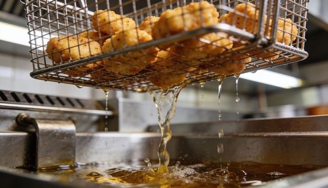 Lifting wire frying basket draining hot oil from breaded chicken in commercial deep fryer