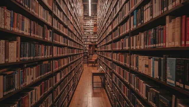 Vintage Library Aisle with Wooden Shelves and Books