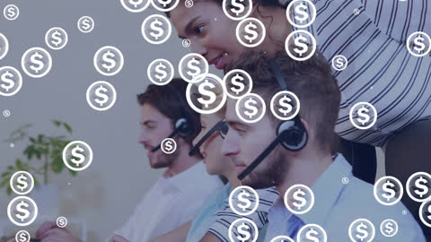 Diverse Customer Support Team Focused on Tasks with Financial Icons