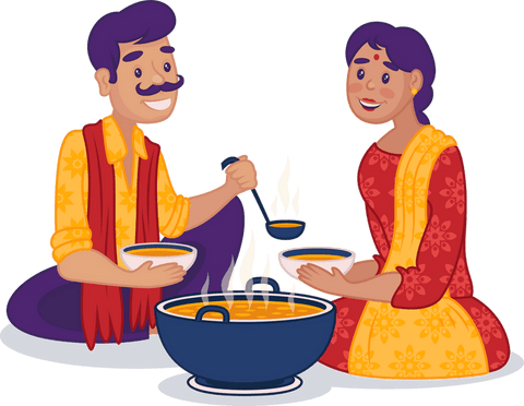 Indian couple sharing steaming curry on transparent background