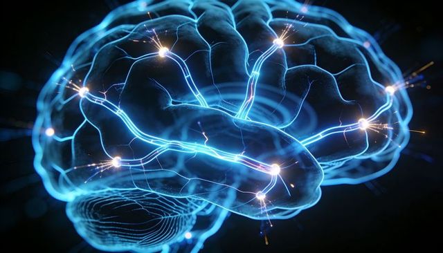 Glowing translucent brain model showing neon-blue neural pathways and sparking synapses