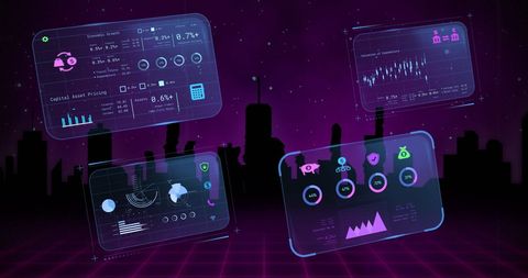 Futuristic financial data interface over urban skyline