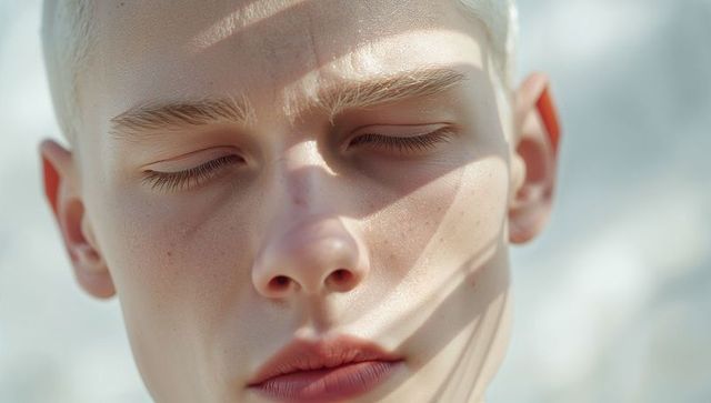 Teen male face resting in sunlight with leaf shadow patterns, closeup skin texture