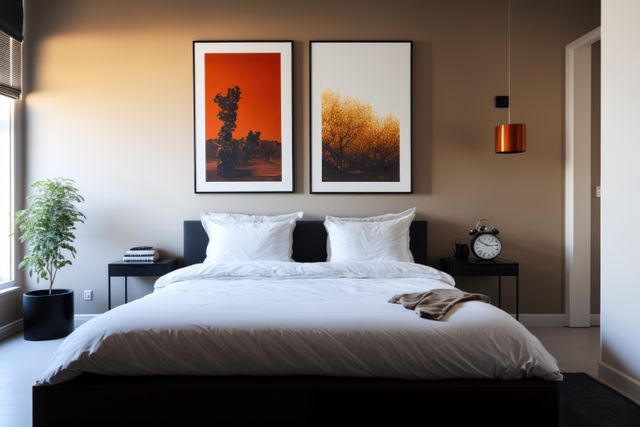 Bedroom interior with bed, paintings alarm clock and plant created using generative ai technology. Interior and design concept digitally generated image.