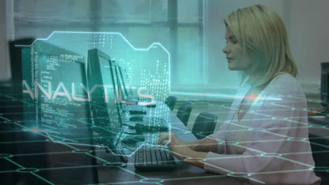 Female Educator Analyzing Data in Virtual Computer Lab