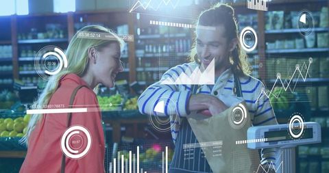 Friendly cashier bagging fresh produce while customer smiling with digital hud analytics