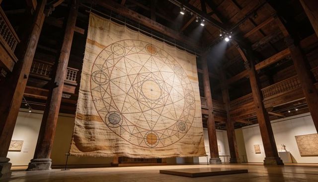 Hanging giant geometric woven tapestry in historic timber gallery with spotlights