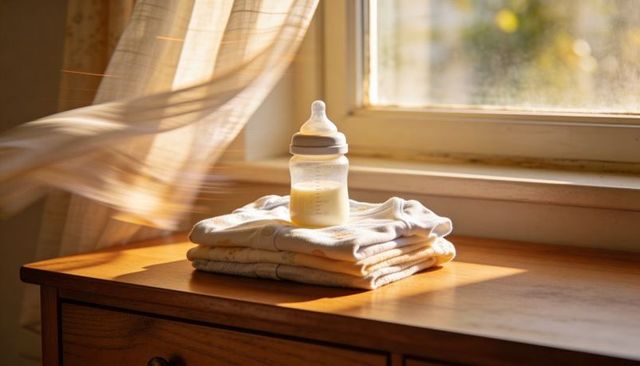 Sunlit baby bottle glowing on folded onesies by window with curtains blowing in breeze