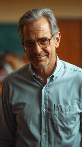 Vertical classroom video: Smiling mature teacher engaging students with warm smile and direct gaze